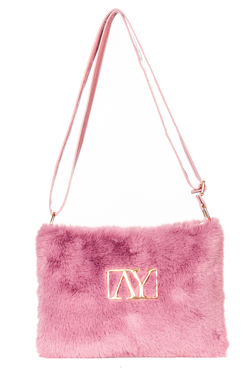 POCHETTE FAKE FUR CON LOGO E MANICO ECOPELLE, 28X23 - DUSTY PINK